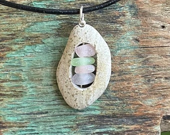 Genuine Sea glass jewelry-Pink and White sea glass set in a beach stone.
