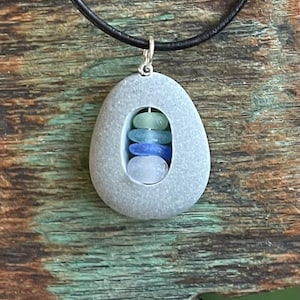 Genuine sea glass jewelry- beach stone with cobalt blue and lime green sea glass inside