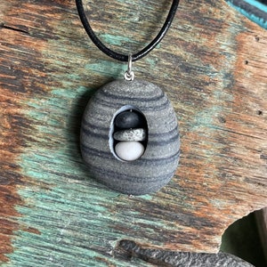 Beach stone jewelry- beach stone necklace with cairn stack inside