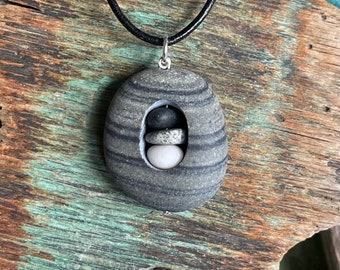 Beach stone jewelry- beach stone necklace with cairn stack inside