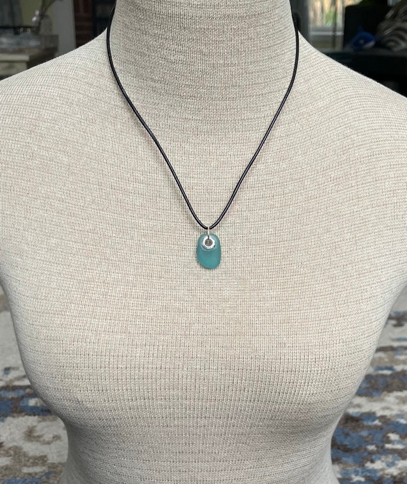 Sea glass jewelry Dark Aqua Blue sea glass set with a sterling silver grommet image 4