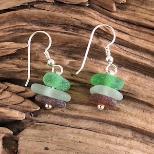 Sea glass jewelry- Green, sea foam green and Brown sea glass earrings