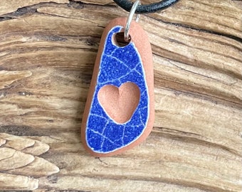 Sea glass jewelry- Heart carved in Cobalt Blue Amalfi coast Sea Pottery.