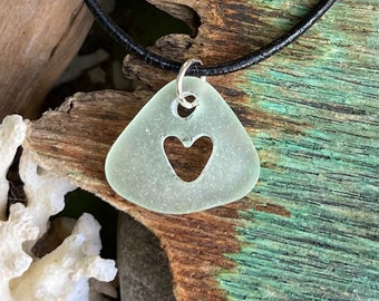 Genuine Sea glass jewelry- Sea Foam Green Sea glass with heart carving