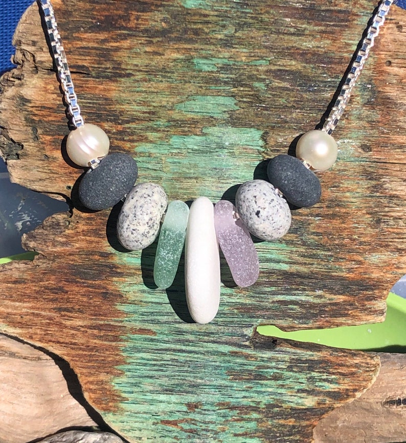 Genuine Purple Sea Foam Green Sea glass Beach stones and Fresh water pearl necklace