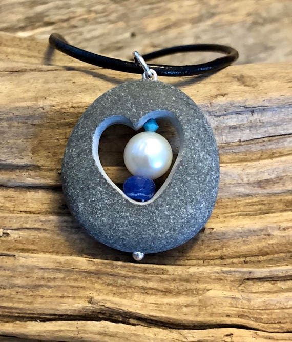 Sea Glass Jewelry Beach Stone With Heart Carving Filled With a