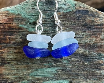 Sea glass jewelry- White, Aqua blue and Cobalt blue Sea glass earrings