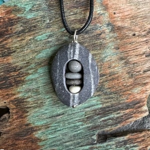 Beach stone jewelry- beach stone necklace with cairn stack