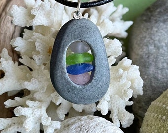 Genuine Sea glass jewelry-multicolored sea glass set in a beach stone.