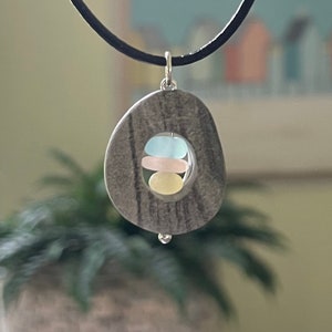 Genuine Sea glass jewelry- Yellow, Pink and Aqua blue sea glass set in a beach stone.
