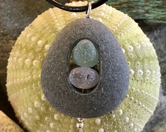 Genuine Sea glass jewelry-purple and seafoam green sea glass set in a beach stone.