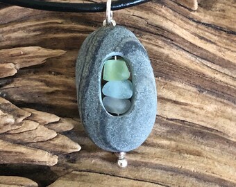 Genuine Sea glass jewelry- colored sea glass set in a beach stone.