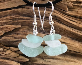 Sea glass jewelry- White and Sea foam green Sea glass earrings