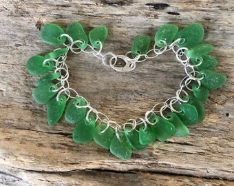 Sea glass jewelry- 25 pieces of Green sea glass on a sterling silver bracelet