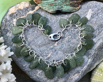 Sea glass jewelry- 25 pieces of moss green sea glass on a sterling silver bracelet