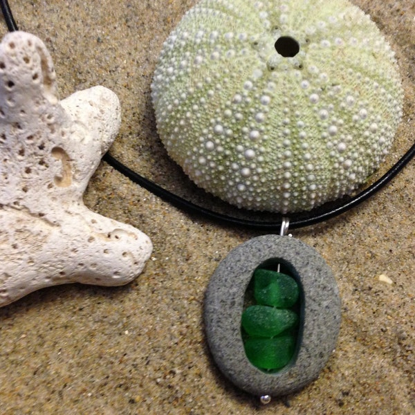 Sea glass jewelry-Sea glass and beach stone pendant