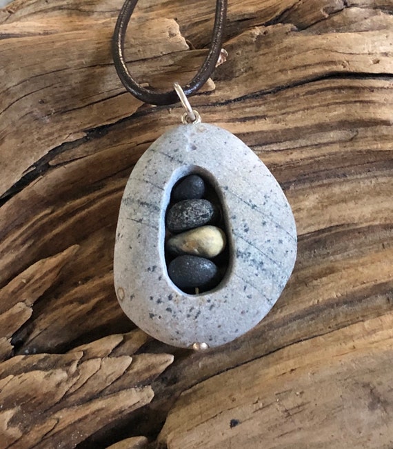 Beach Stone Jewelry Beach Stone Necklace With Cairn Stack Inside