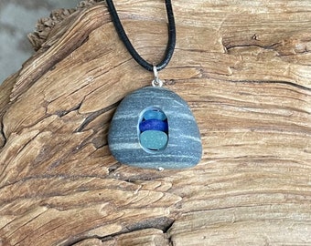 Genuine Sea glass jewelry-Aqua blue and Cobalt blue sea glass set in a beach stone.