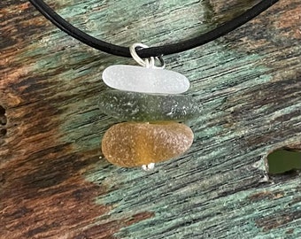 Sea glass jewelry-White, Moss Green and Brown sea glass Cairn stack