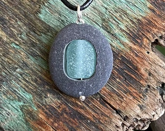 Genuine Sea glass jewelry-Sea foam Green sea glass set in a beach stone.