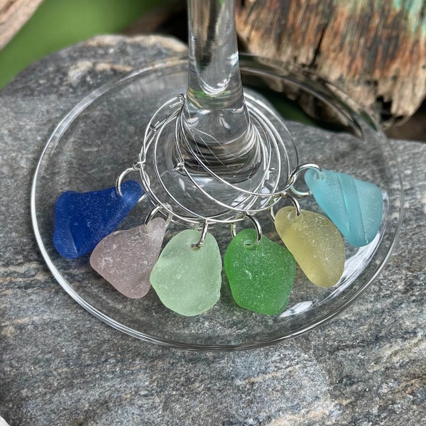 Genuine Sea glass-Six Sea Glass Wine Charms