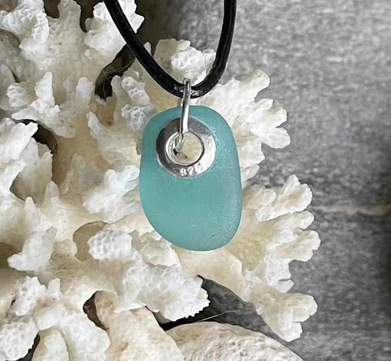 Sea glass jewelry Dark Aqua Blue sea glass set with a sterling silver grommet image 3