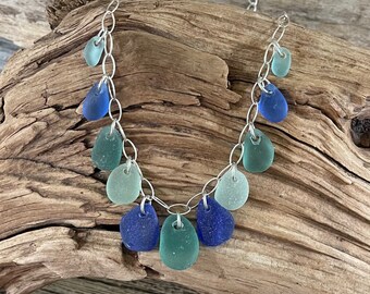 Sea glass necklace-11 pieces of Cobalt blue, aqua blue and dark teal sea glass necklace