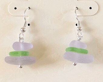 Sea glass jewelry- Lime green and Purple Sea glass earrings