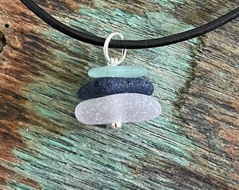 Sea glass jewelry- Cobalt blue, Sea foam green and Purple sea glass Cairn stack
