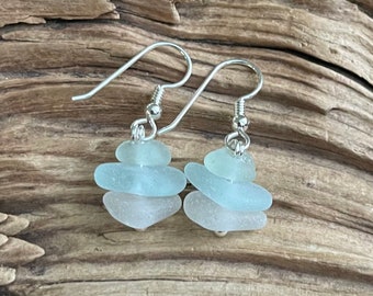 Sea glass jewelry- Sea foam green, Aqua blue and White sea glass earrings