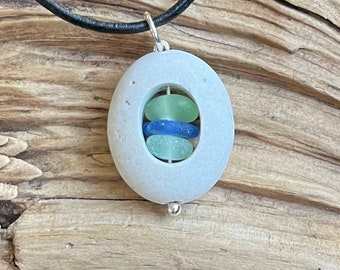 Genuine sea glass jewelry- beach stone with cobalt blue and lime green sea glass inside