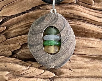 Genuine sea glass jewelry- beach stone with multi colored sea glass inside