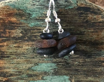 Sea glass jewelry- Black beach stones and Brown Sea glass earrings