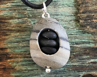 Beach stone jewelry- beach stone necklace with cairn stack inside