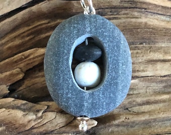 Beach stone jewelry- beach stone necklace with cairn stack inside