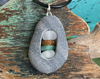 Genuine sea glass jewelry- beach stone with colored sea glass inside