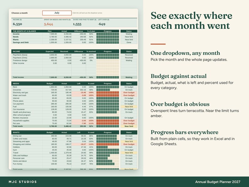 Annual Budget Planner 2027 Spreadsheet, Google Sheets and Excel Budget ...