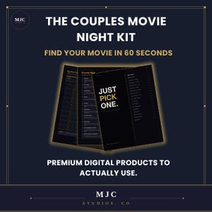 May include: A dark navy blue graphic with the text "THE COUPLES MOVIE NIGHT KIT" and "FIND YOUR MOVIE IN 60 SECONDS". The image features a stack of black cards with the words "JUST PICK ONE."