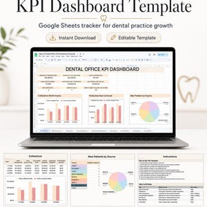 Könnte beinhalten: Ein Laptop zeigt eine Vorlage für ein KPI-Dashboard für eine Zahnarztpraxis. Die Vorlage, die für Google Sheets entwickelt wurde, verfolgt das Wachstum der Praxis mit Diagrammen. Sofortiger Download und editierbare Vorlage.