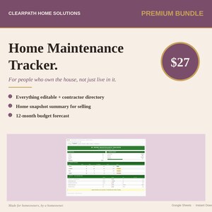 May include: A digital home maintenance tracker with the text "Home Maintenance Tracker." The image includes a price tag of $27 and lists features like an editable contractor directory, home snapshot summary, and a 12-month budget forecast.