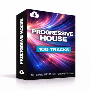 Può includere: Una scatola nera con le parole "PROGRESSIVE HOUSE" in bianco e "100 TRACKS" in un rettangolo blu. Lo sfondo presenta un design colorato e vorticoso di blu, rosa e viola. Il testo "DJ Friendly MP3 Music | Full Length Unmixed" è in basso.