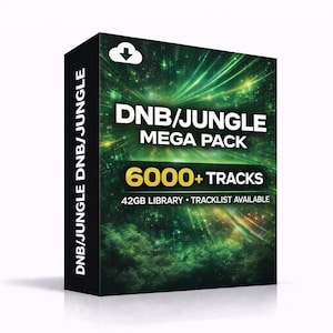 Puede incluir: Una caja negra con el texto "DNB/JUNGLE MEGA PACK" y "6000+ TRACKS" en blanco y dorado. El fondo presenta un diseño abstracto verde y amarillo. También es visible el texto "42GB LIBRARY • TRACKLIST AVAILABLE".