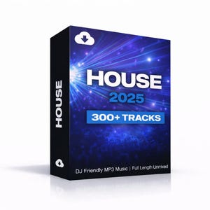 Op de afbeelding: Een zwarte doos met het woord "HOUSE" in het wit aan de zijkant. De voorkant heeft de tekst "HOUSE 2025" met "300+ TRACKS" eronder. De achtergrond is een blauw-paars burst-ontwerp met een wolk- en downloadpictogram.