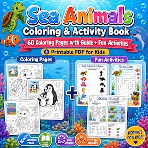 Peut inclure: Un livre de coloriage et d'activités "Sea Animals" avec 60 pages à colorier et des activités amusantes. La couverture présente une tortue, un dauphin et un poisson clown. Comprend un PDF imprimable pour les enfants.