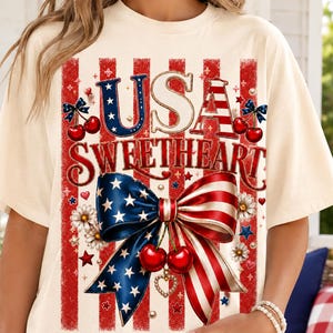 USA Sweetheart PNG, Patriotic Coquette Bow, 4th of July Sublimation Design, American Flag Cherry T-Shirt,Trendy png. Digital Download.