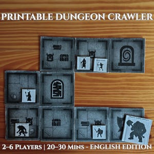 Puede incluir: Un juego de mesa tipo dungeon crawler imprimible con losetas cuadradas grises que muestran iconos negros de monstruos, cofres y pergaminos. Fichas de personajes blancas están colocadas sobre las losetas. El texto dice PRINTABLE DUNGEON CRAWLER 2-6 PLAYERS | 20-30 MINS - ENGLISH EDITION.