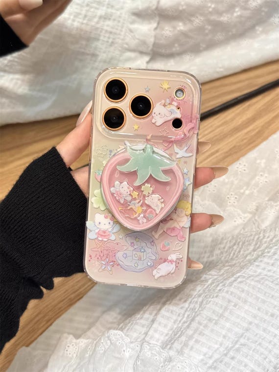MagSafe Pink Strawberry Shaker Phone Case, 3D Cute Shake Stand Phone Case with Angel&Bunny, Soft Pastel Pink Clear Case for iPhone 17