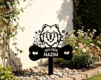 Estaca conmemorativa para jardín en honor a un Chow Chow, letrero personalizado para el recuerdo de un perro, estaca de metal oxidado, marcador de tumba personalizado para mascotas, regalo para recordar a una mascota fallecida