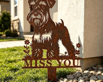 Monumento conmemorativo para la pérdida de un perro Schnauzer, estaca de jardín de metal oxidado personalizada, texto personalizado.