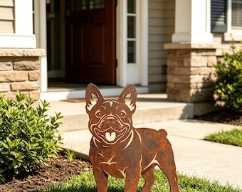 Estaca conmemorativa de jardín para bulldog francés, estaca de metal oxidado con texto personalizado para jardín, decoración para exteriores, letrero personalizado con el nombre del perro.